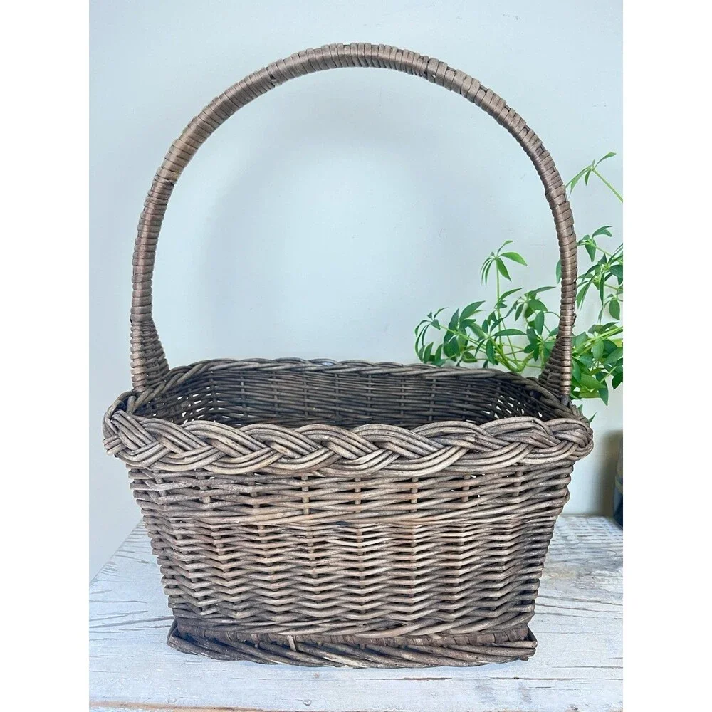 Vintage Rustic Mid Century Dark Brown Primitive Gathering Basket High Handle 18”